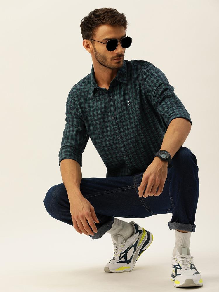 SINGLE Men Green & Navy Blue Checked Slim Fit Pure Cotton  Casual Shirt