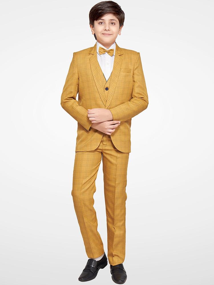 Jeetethnics Boys Mustard Checked 5-Piece Single-Breasted Partywear Suit