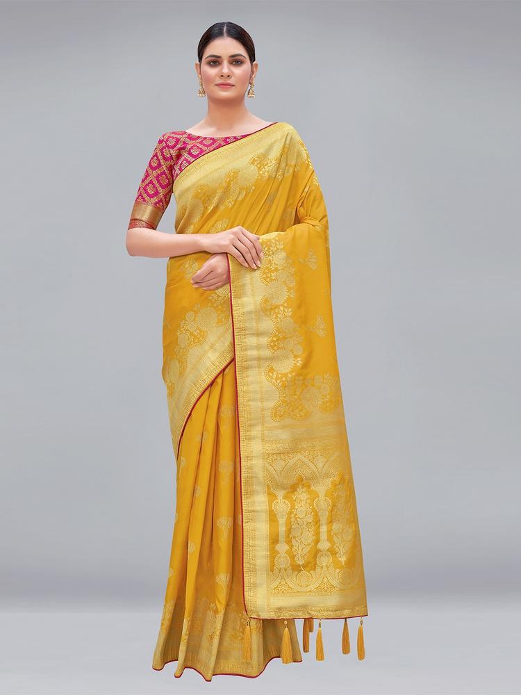 MONJOLIKA FASHION Yellow & Orange Ethnic Motifs Pure Silk Banarasi Saree