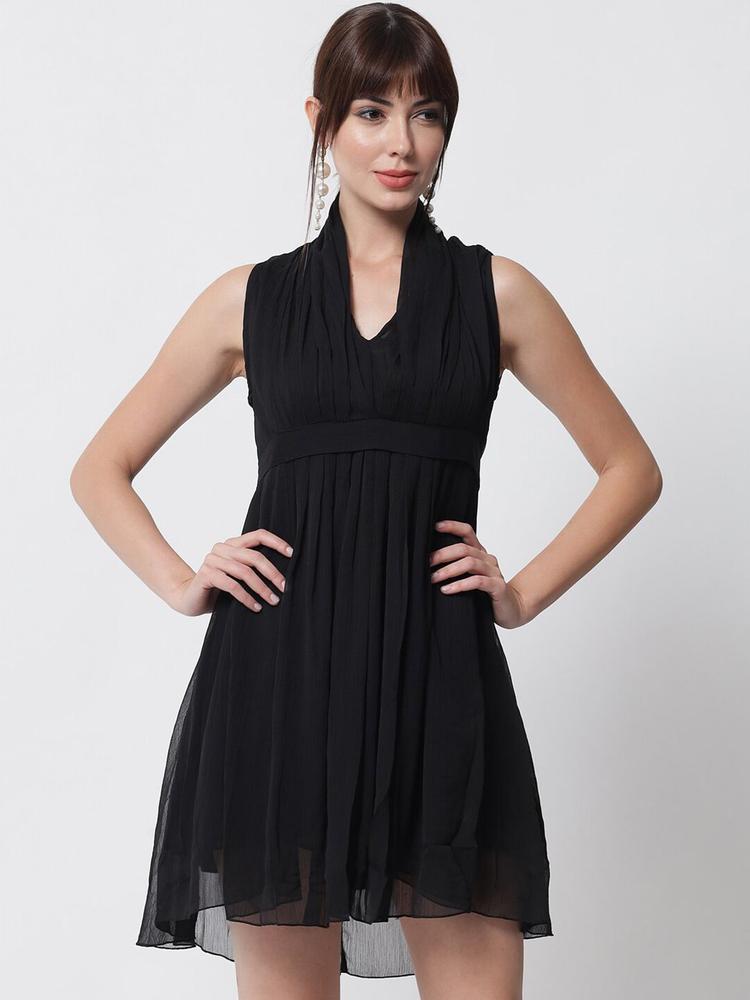 PURYS Black Solid Pleated Georgette Mini Dress