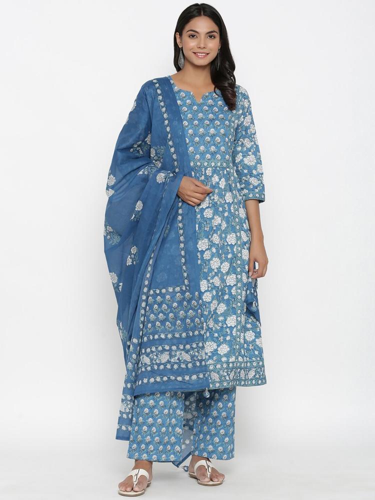 Do Dhaage Women Blue Floral Printed Pure Cotton Kurta with Palazzos