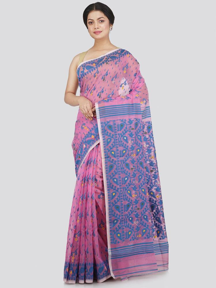 PinkLoom Pink & Blue Woven Design Pure Cotton Jamdani Saree