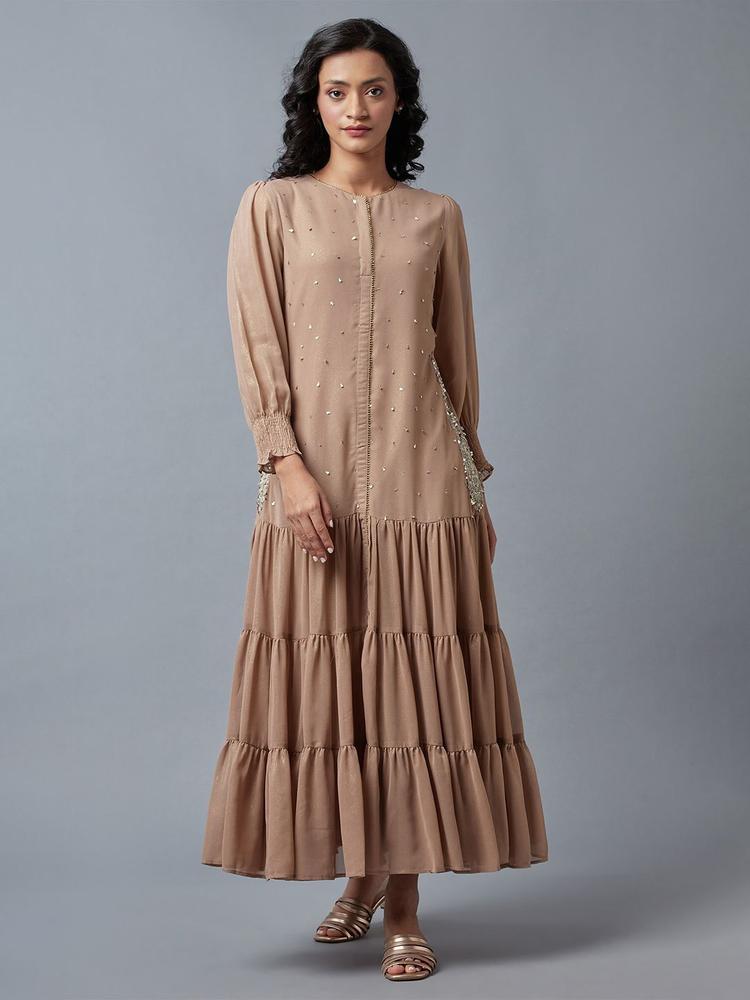 WISHFUL Brown Ethnic A-Line Midi Dress