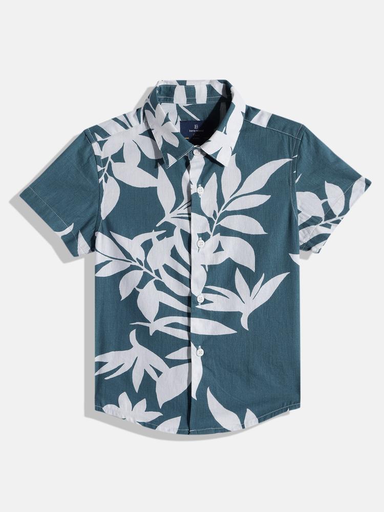 Bene Kleed Boys Blue Standard Slim Fit Floral Printed Cotton Casual Shirt