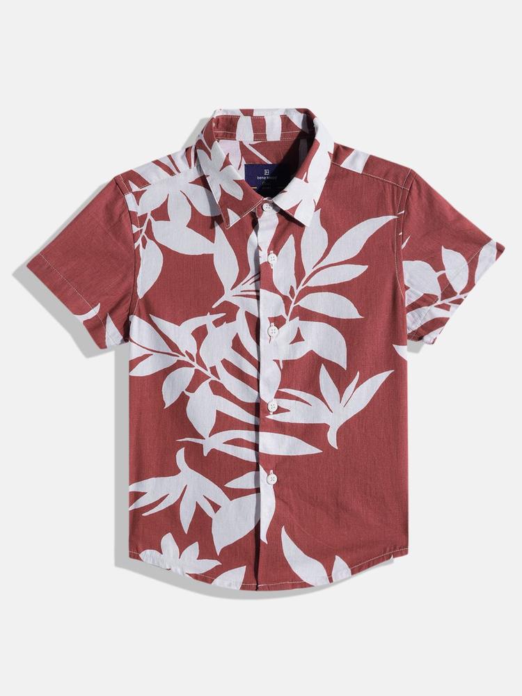 Bene Kleed Boys Red Standard Slim Fit Floral Printed Cotton Casual Shirt