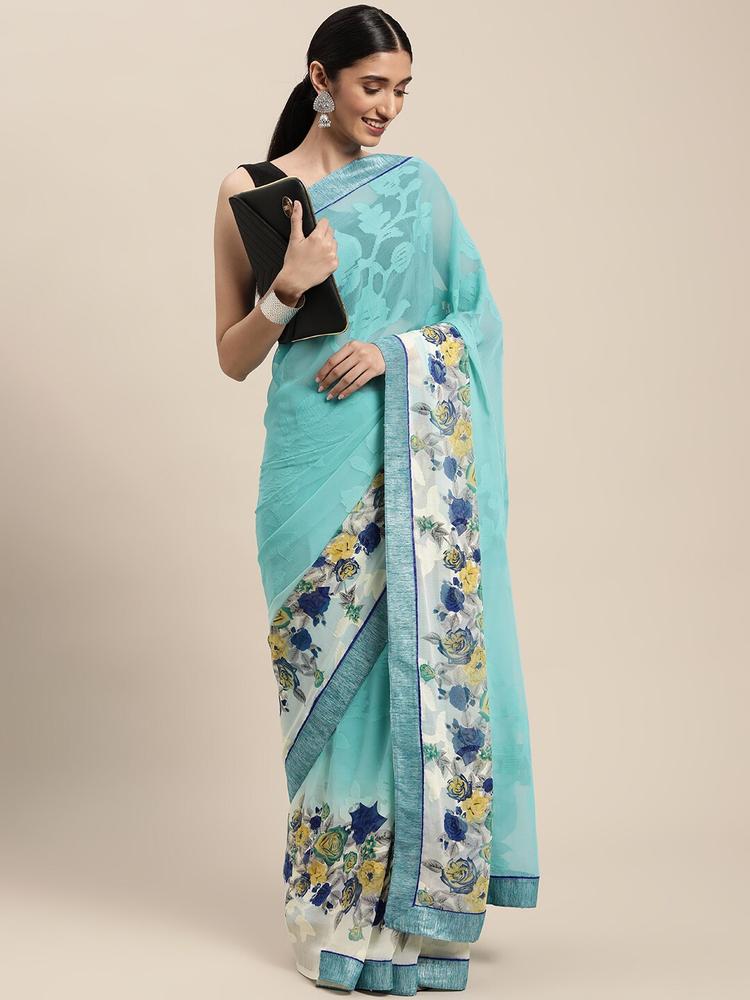 SANGAM PRINTS Blue & White Floral Printed Saree