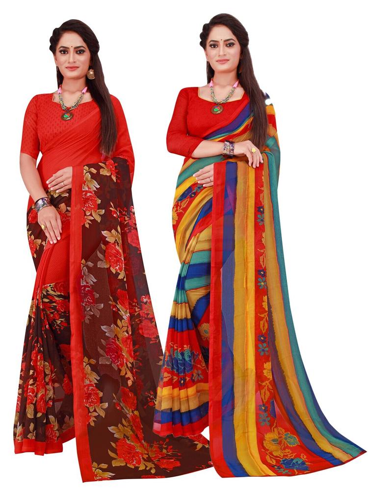 KALINI Pack of 2 Red & Blue Floral Pure Georgette Sarees