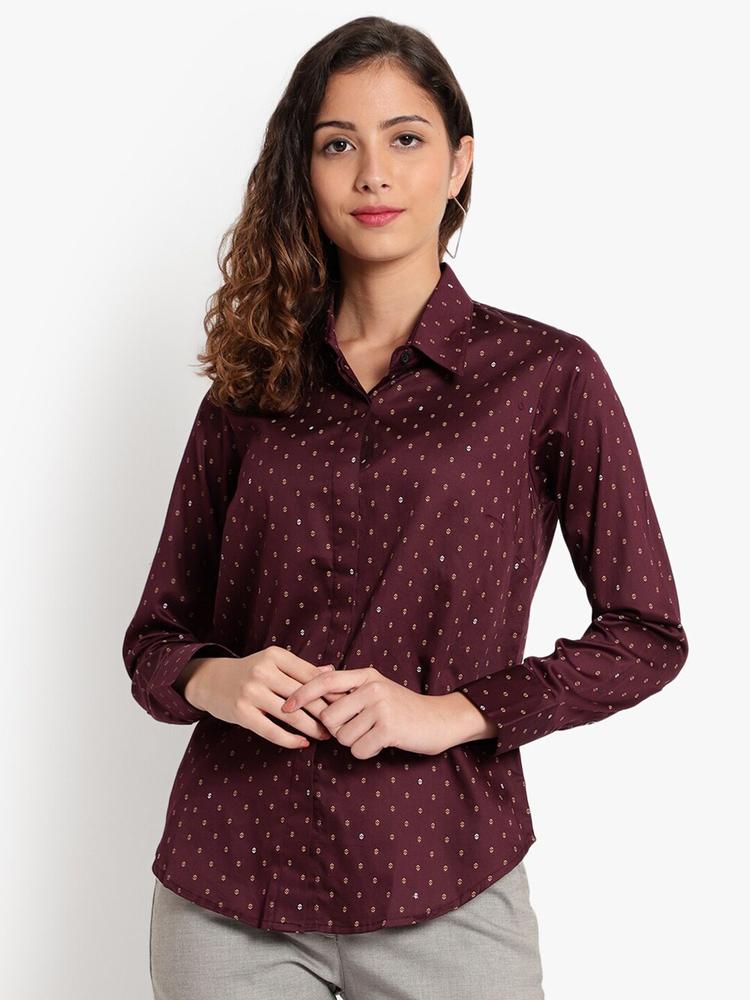 Indietoga Women Burgundy Classic Slim Fit Printed Formal Shirt