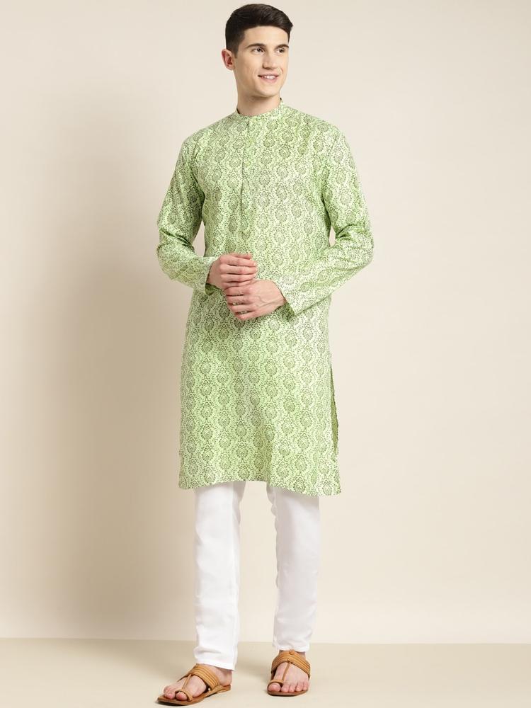SOJANYA Men Green & White Ethnic Motifs Cotton Linen Printed Kurta