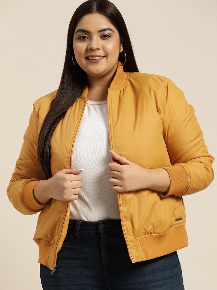 Sztori Women Plus Size Mustard Yellow Bomber Jacket