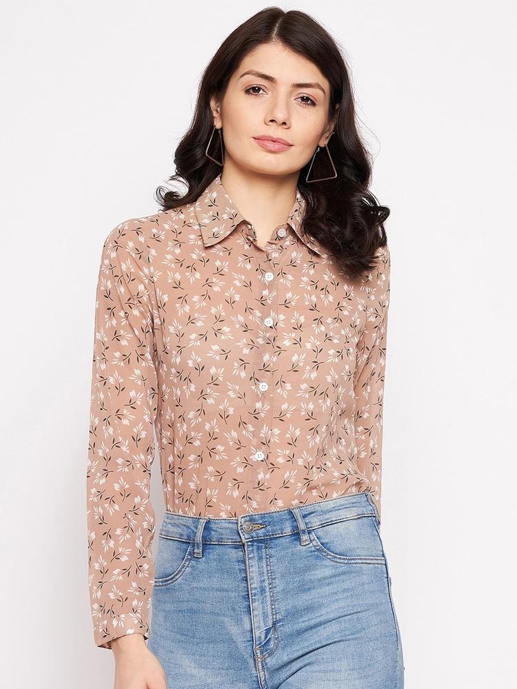 PURYS Women Brown Smart Floral Semi Sheer Printed Casual Shirt