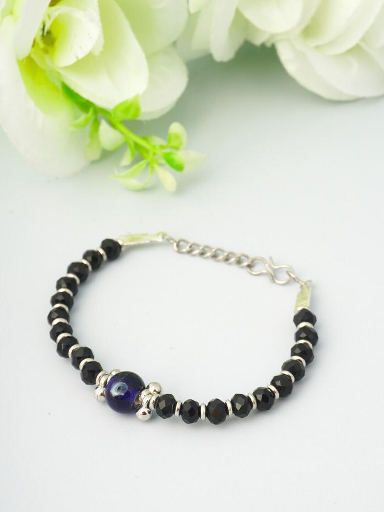 Urmika Silver-Plated Black & Blue Beaded Handcrafted Anklets
