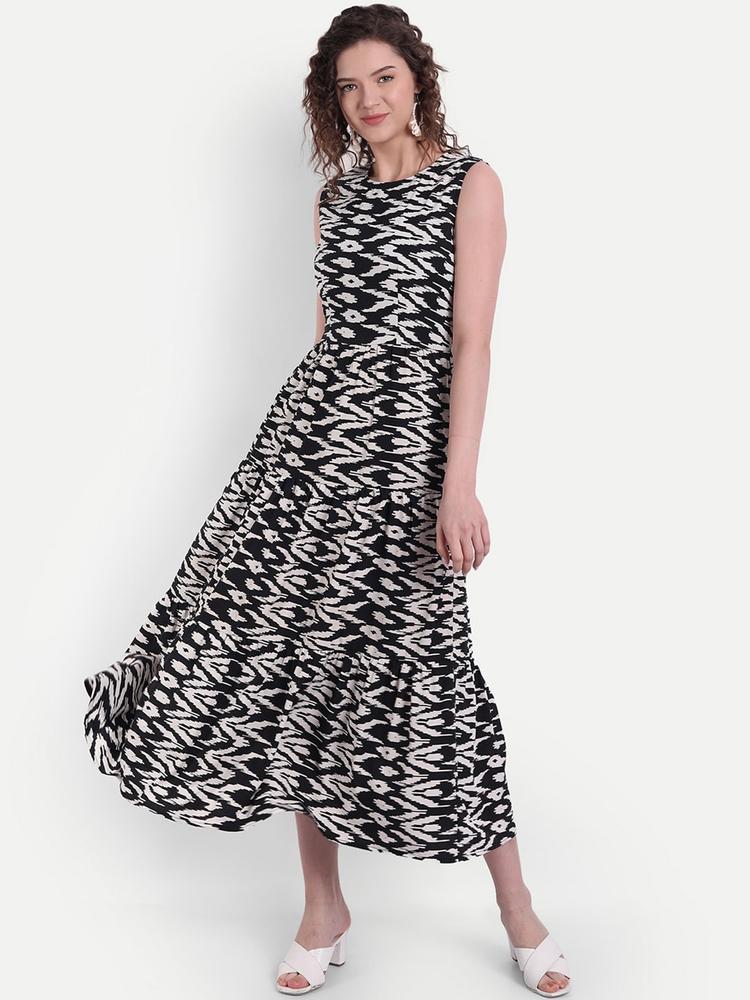 MINGLAY Black & White Printed Georgette Midi Dress