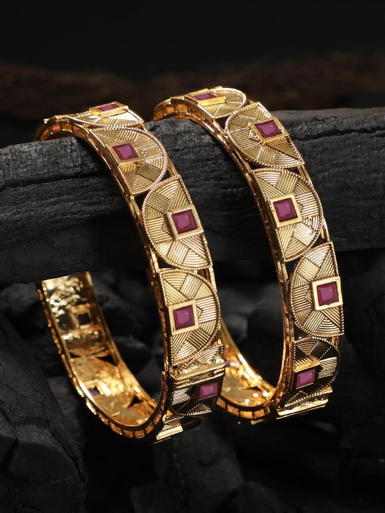 Adwitiya Collection Set Of 2 24CT Gold-Plated Pink Stone-Studded Bangles