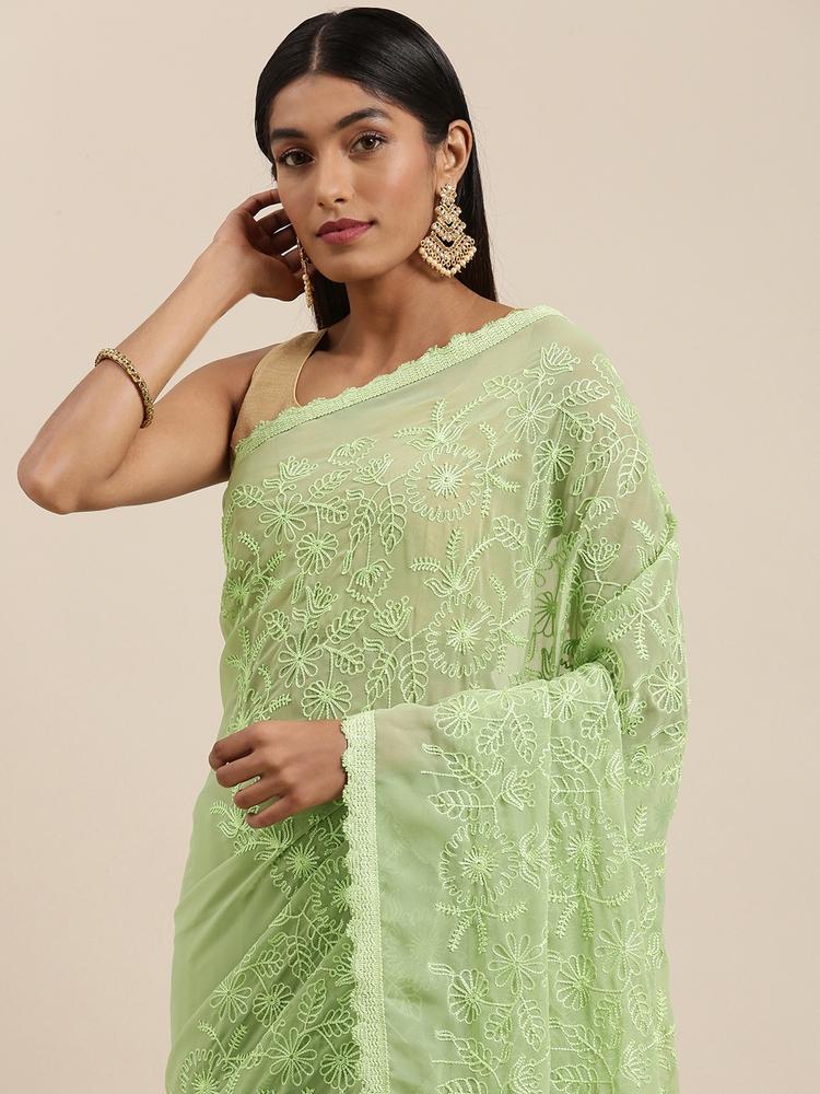 Shaily Green Floral Embroidered Pure Georgette Saree