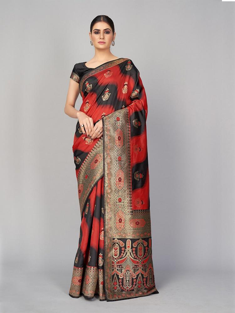MONJOLIKA FASHION Black & Red Woven Design Silk Blend Banarasi Saree