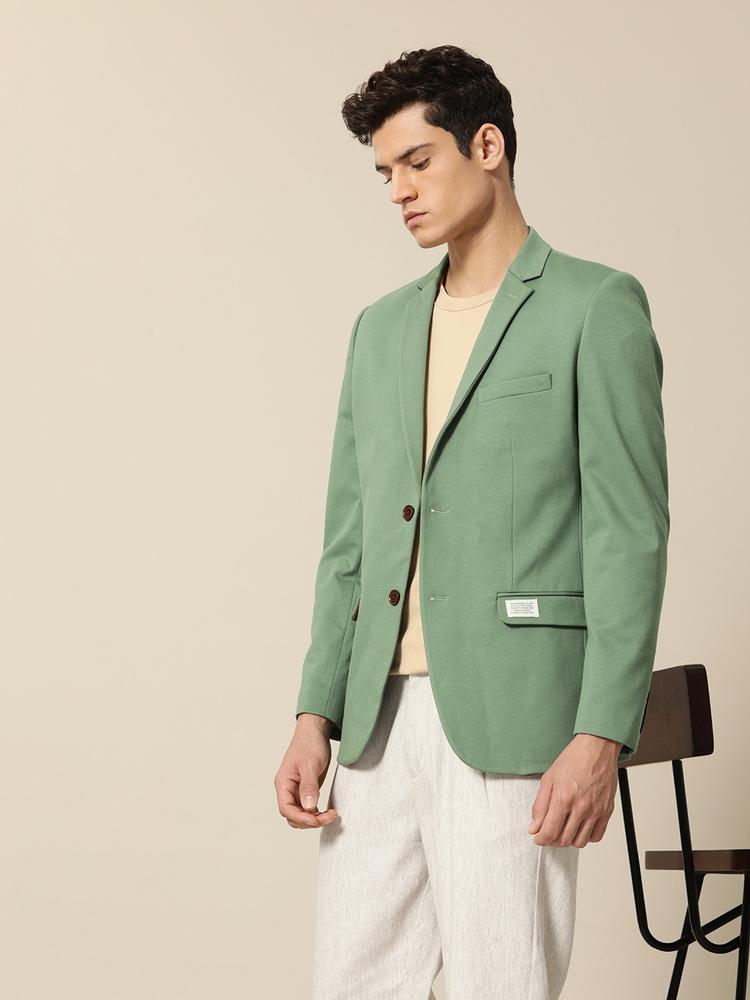 Mr Bowerbird Men Light Olive Green Solid Tailored Fit Premium Knit Smart Casual Blazer