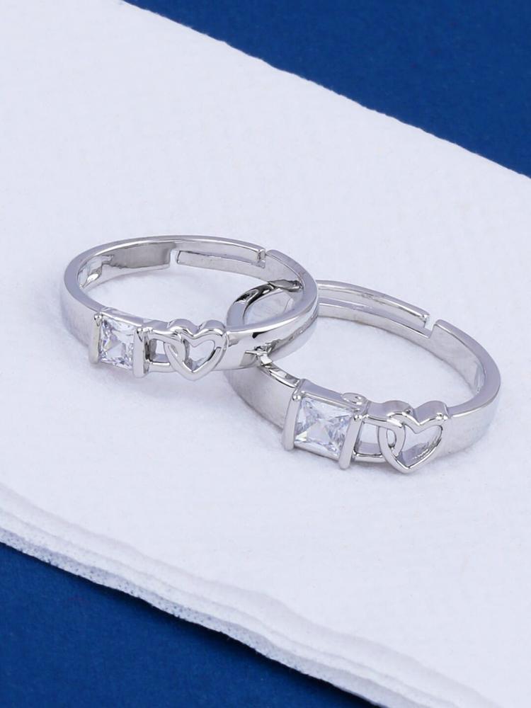 Silver Shine Set Of 2 Silver-Plated White Stone-Studded Couple Adjustable Finger Rings