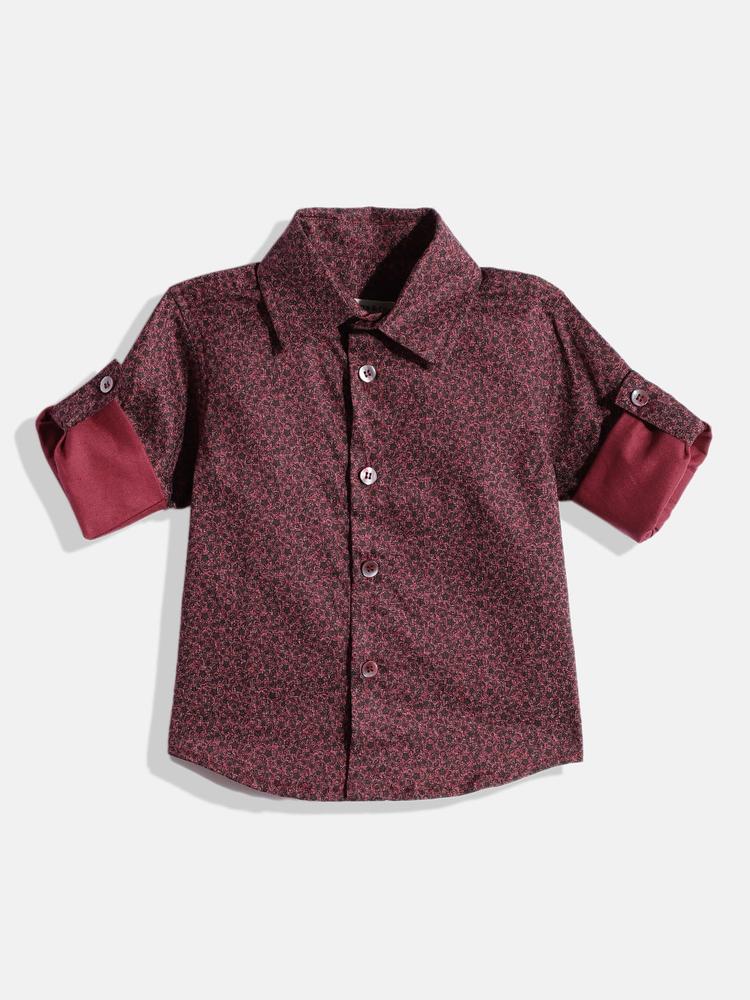 COUPER & COLL Boys Burgundy Pure Cotton Micro Floral Print Premium Printed Shirt