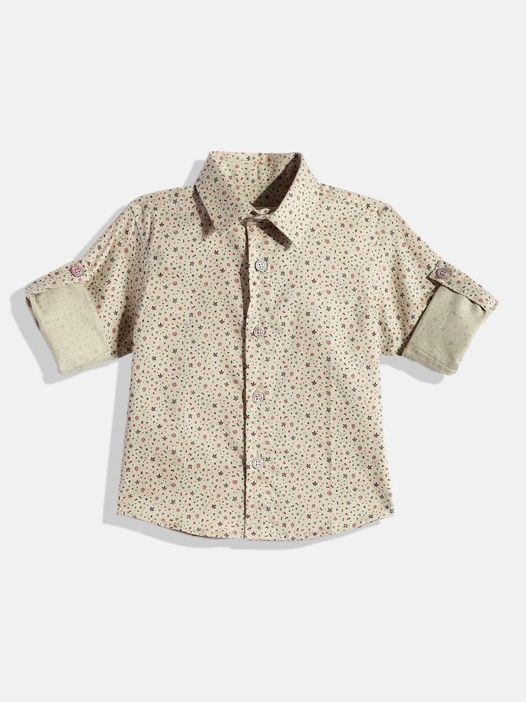 COUPER & COLL Boys Green Pure Cotton Micro Floral Print Premium Casual Shirt