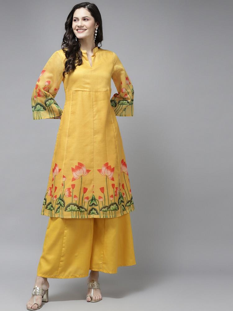 Bhama Couture Women Mustard Yellow Floral Printed Panelled Kurta with Palazzos