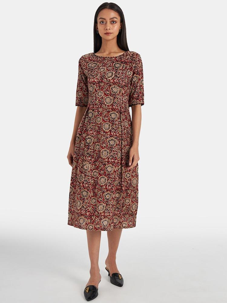 Suta Brown Floral Layered Midi Fit and Flare Dress