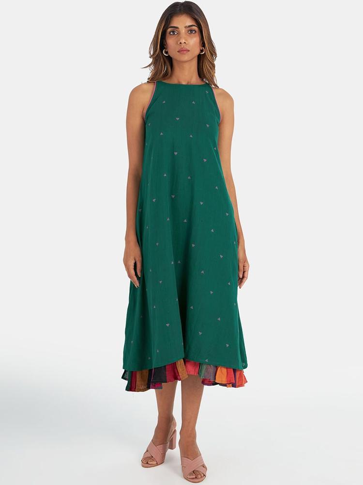 Suta Women Green Fringed Cotton A-Line Midi Dress