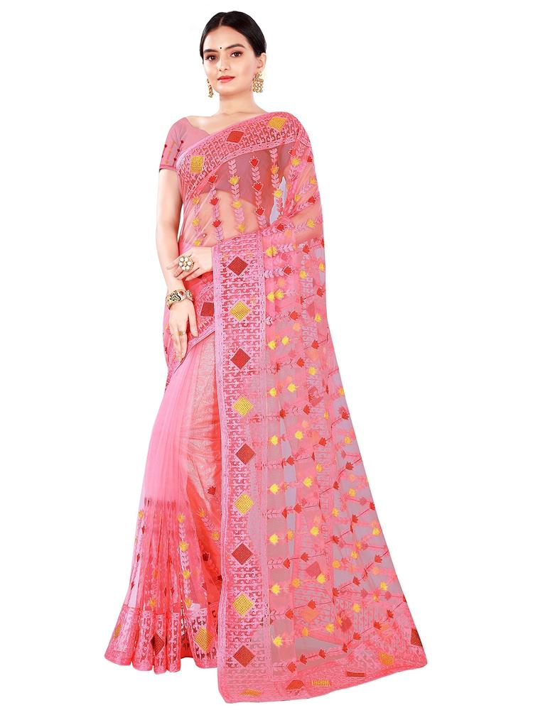 Nimayaa Pink & Gold-Toned Floral Beads and Stones Embroidered Net Saree