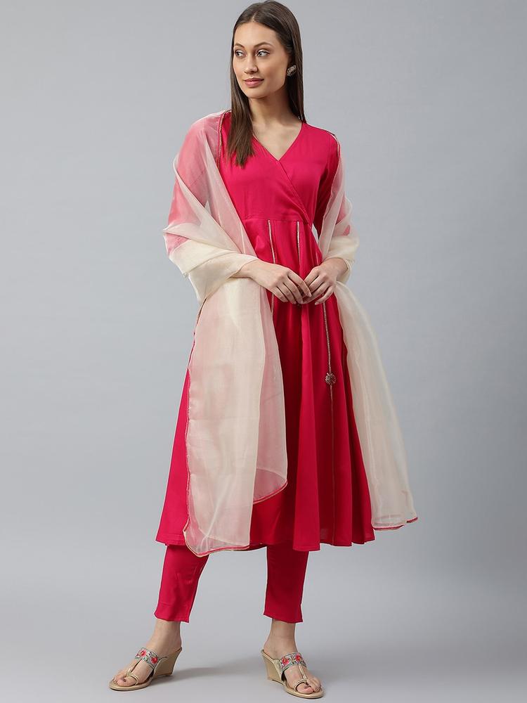 SIAH Women Pink Floral Embroidered Angrakha Gotta Patti Kurti with Trousers & With Dupatta