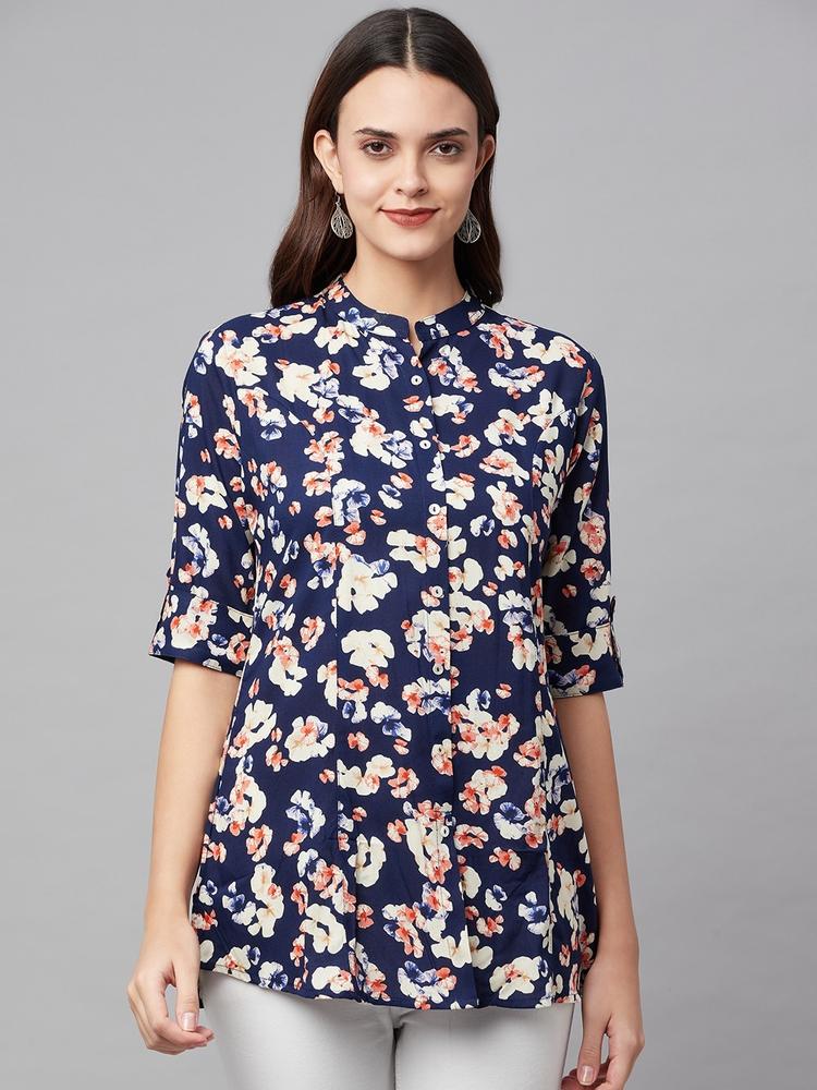 Divena Navy Blue & White Floral Print Mandarin Collar Roll-Up Sleeves Shirt Style Top