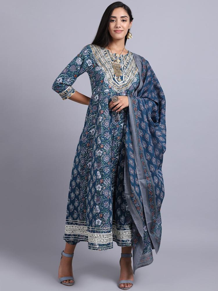 ANAISA Women Blue Ethnic Motifs Printed Pleated Mirror Work Pure Cotton Kurta with Trousers & With Dupatta