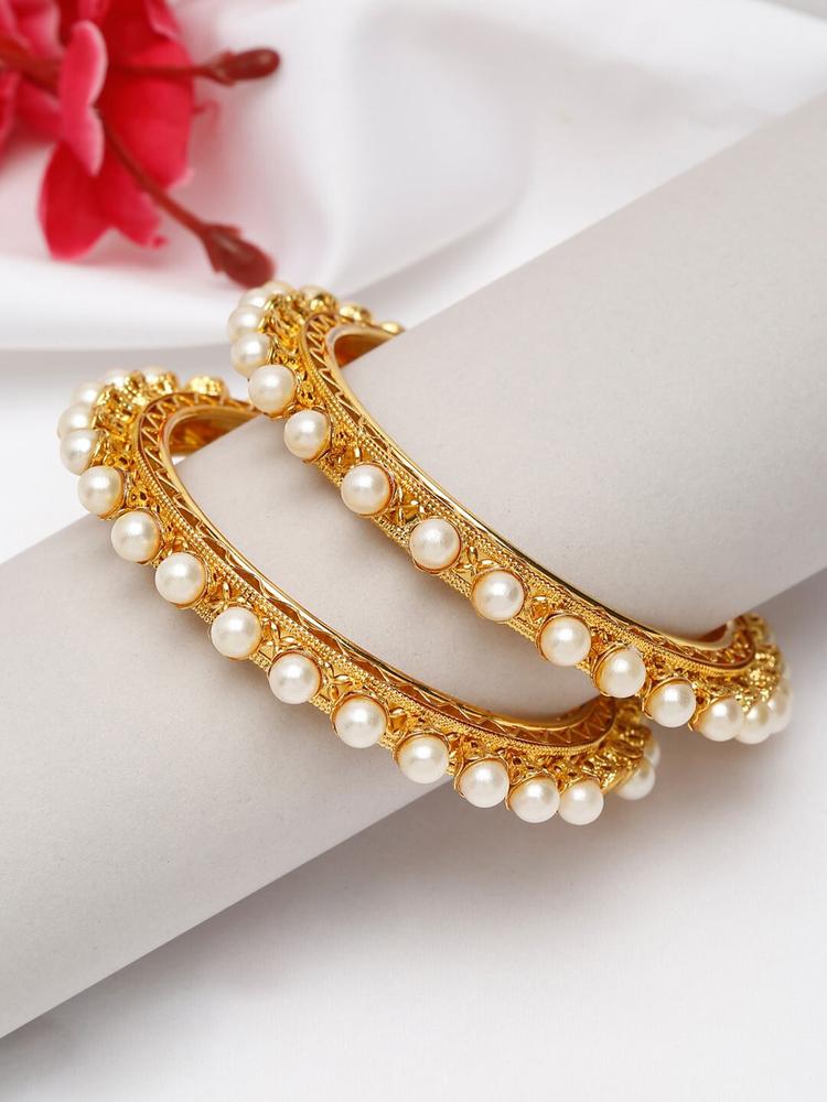 Shining Diva Set Of 2 Gold-Plated White Pearl Beaded Bangles