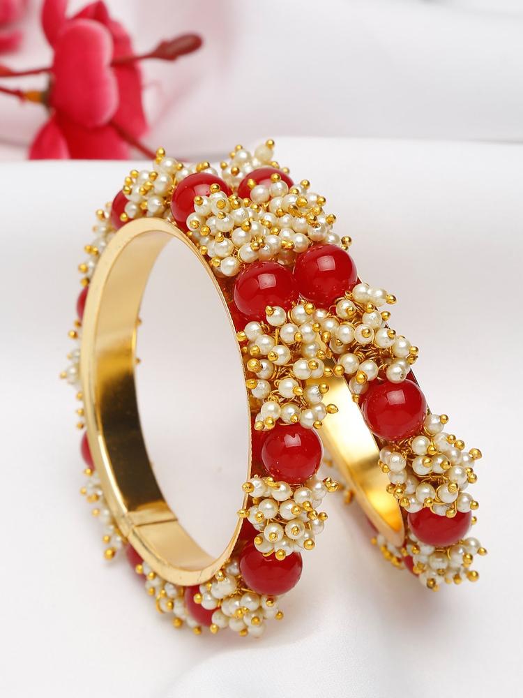 Shining Diva Set Of 2  Gold Plated Red Pearl Studded Bangle Set