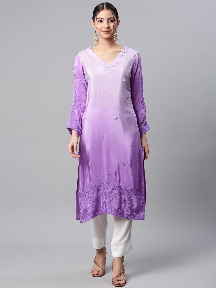 SHADES Women Purple Ombre Floral Kurta with Trousers