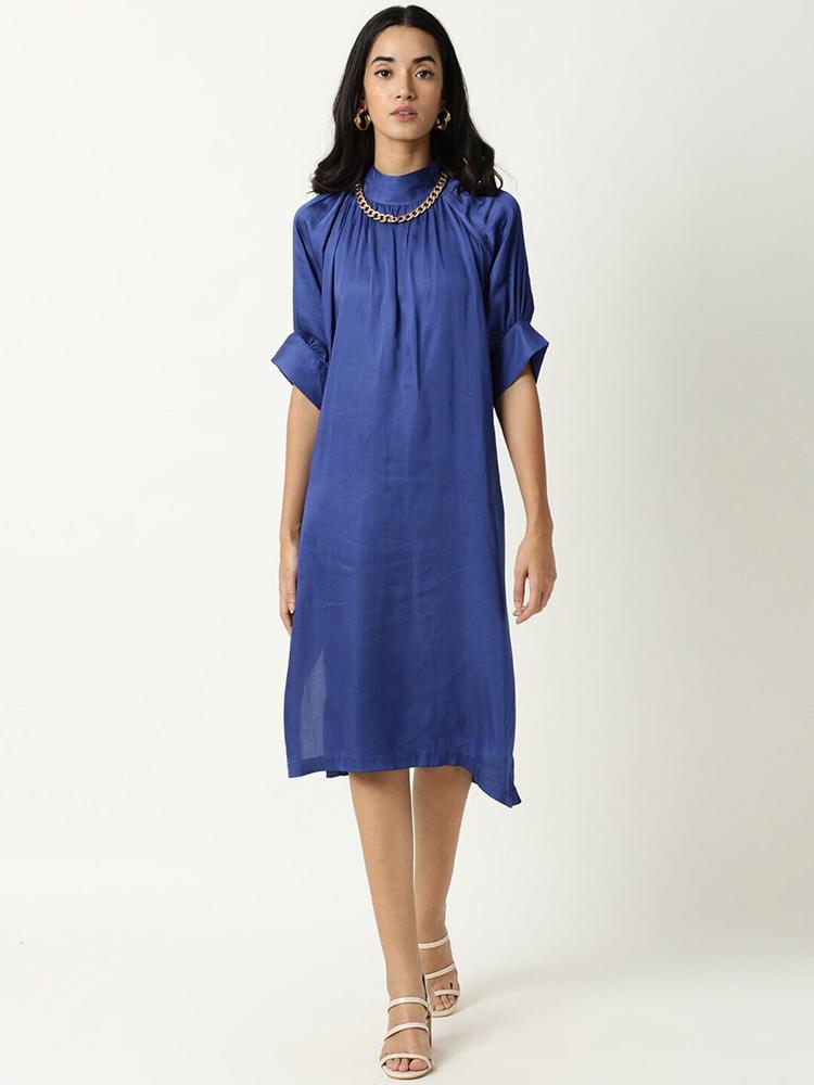 RAREISM Blue Solid A-Line Midi Dress