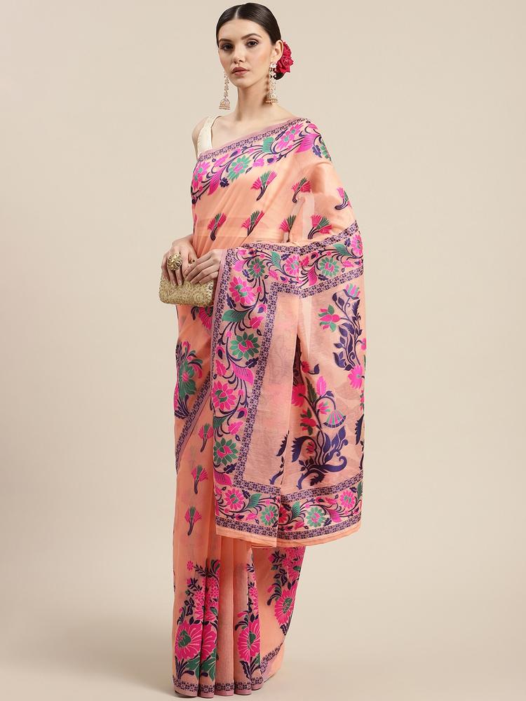 Silk Land Peach-Coloured & Purple Floral Woven Design Pure Cotton Jamdani Saree