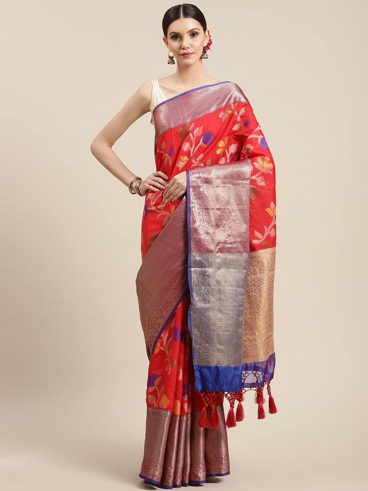 Silk Land Red Floral Woven Design Zari Pure Silk Ikat Saree
