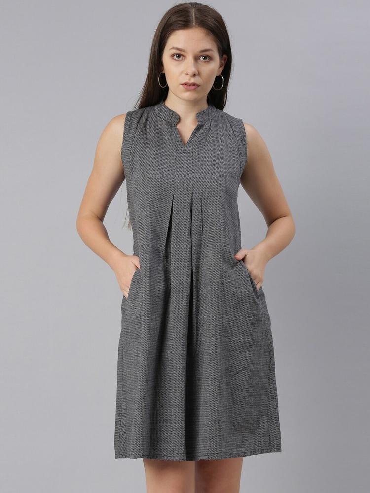 ZHEIA Grey Solid Mandarin Neck A-Line Dress