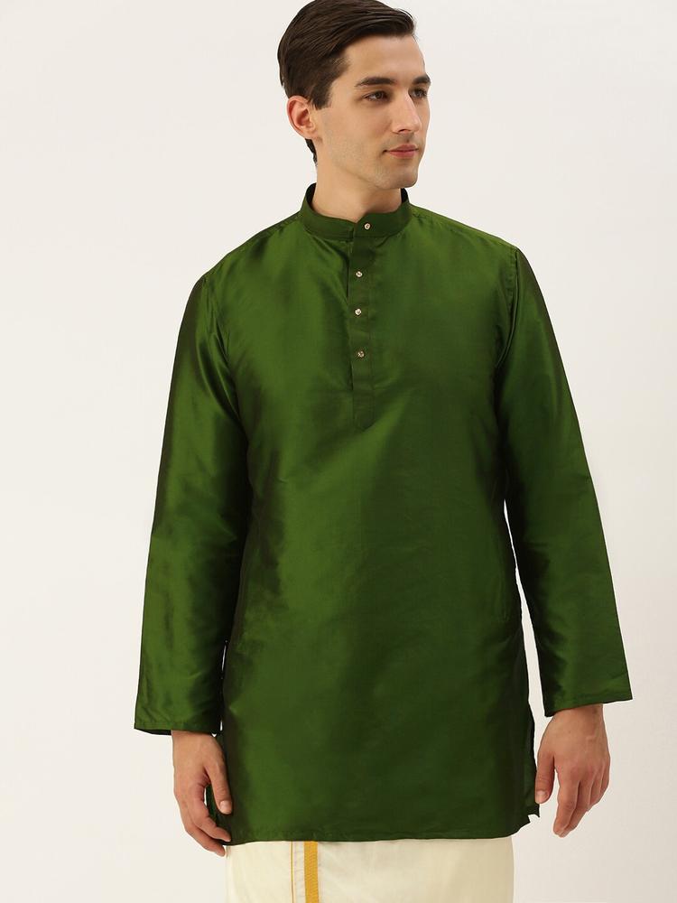 THANGAMAGAN Men Olive Green Solid Straight Kurta with Link Detail