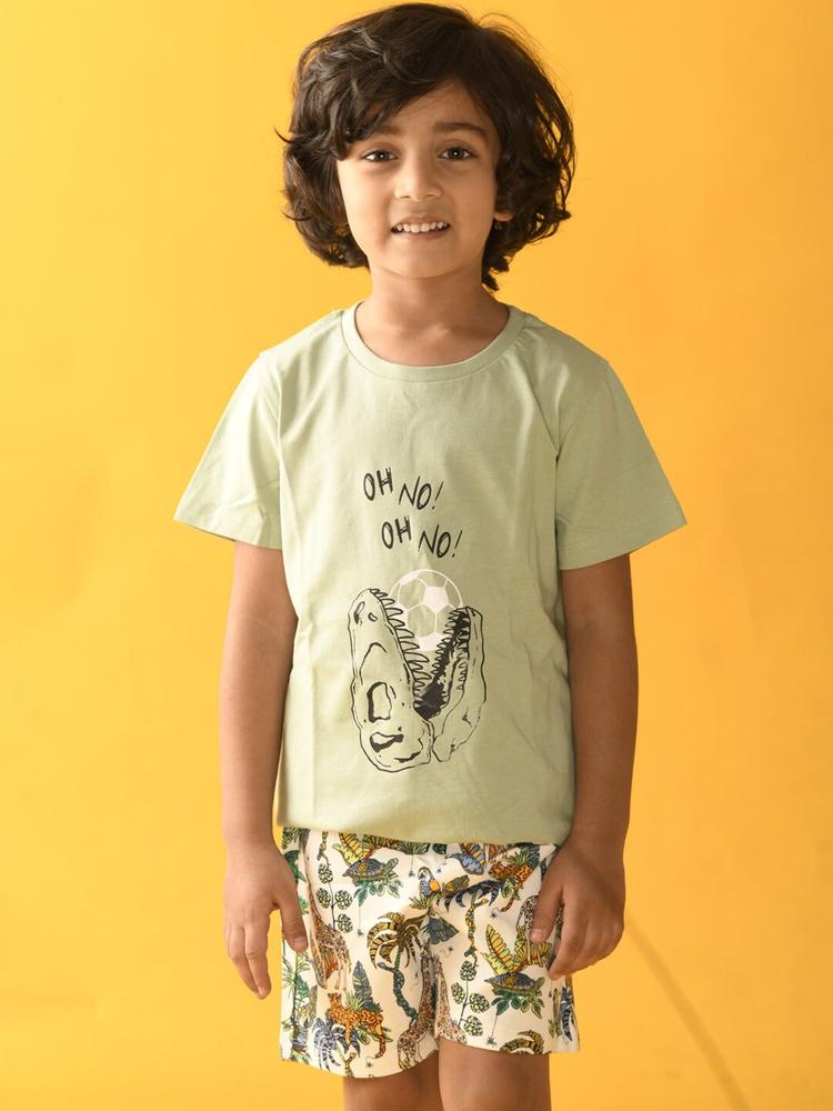 Anthrilo Boys Green & White Printed T-shirt with Shorts