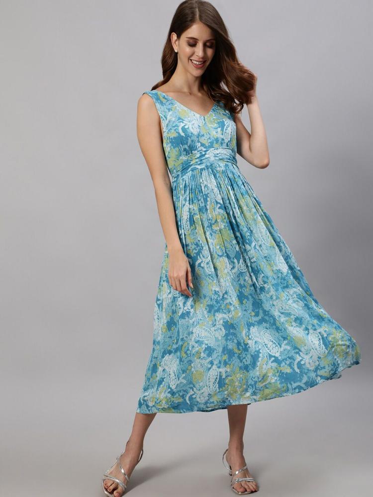 Ishin Women Blue Floral Printed Georgette Fit & Flare Dress