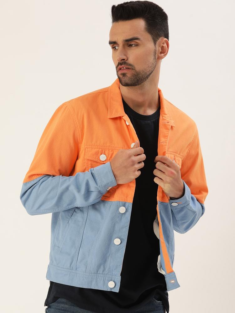 Bene Kleed Men Orange & Blue Colourblocked Antimicrobial Open Front Jacket