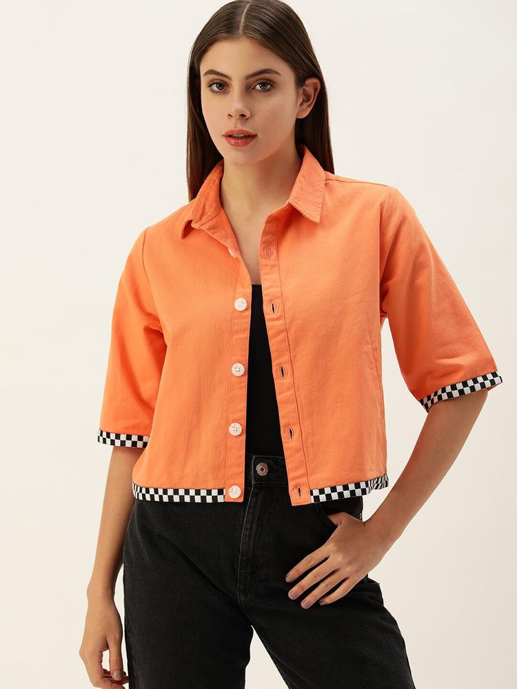 Bene Kleed Women Orange & White Geometric Lightweight Antimicrobial Crop Open Front Jacket