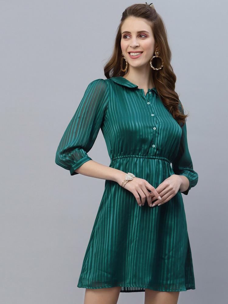 Selvia Women Green Striped Georgette Mini Dress