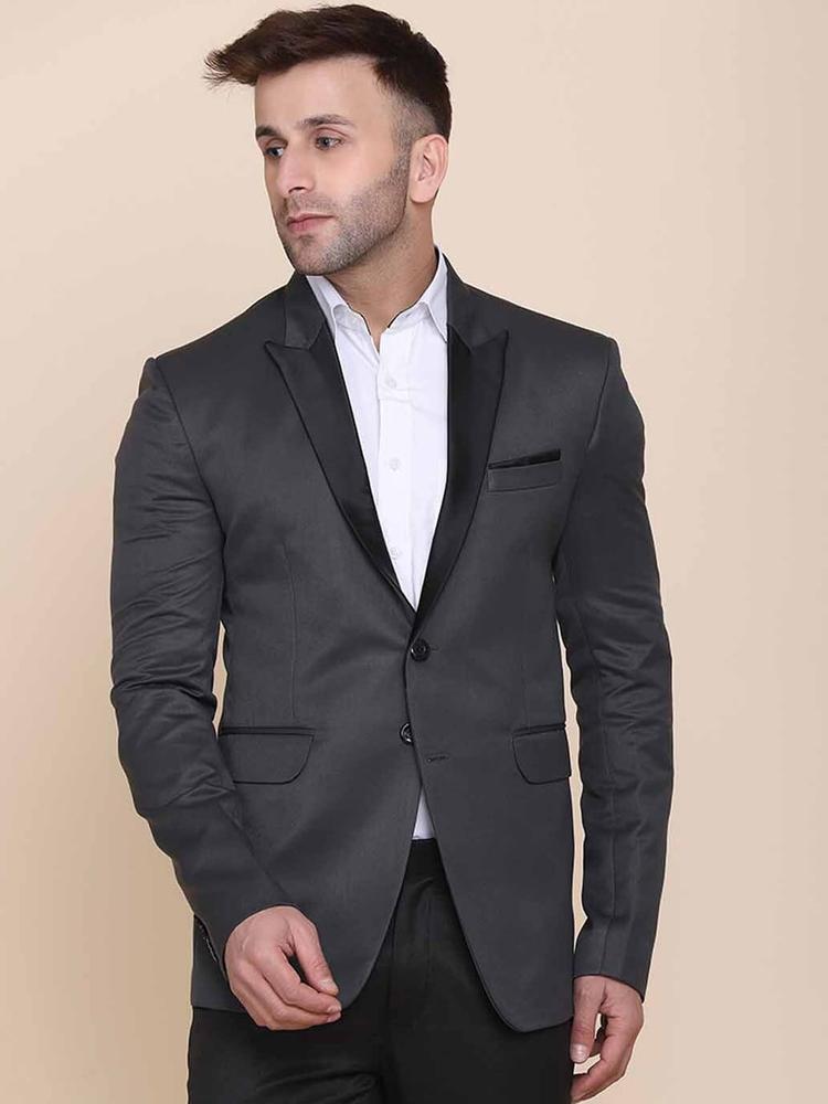 TAHVO Men Grey Solid Single-Breasted Slim-Fit Party Blazer