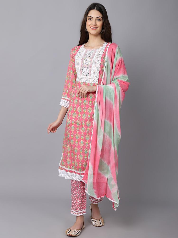 ANAISA Women Pink Ethnic Motifs Yoke Design Thread Work Pure Cotton Kurta with Trousers & With Dupatta