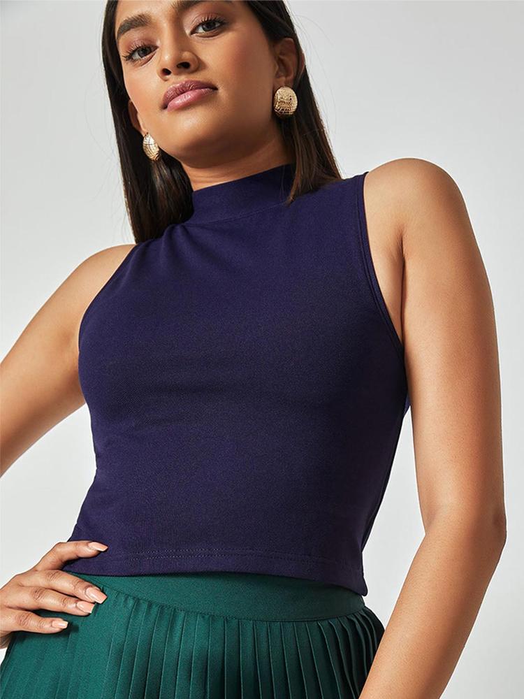 The Label Life Women Blue Solid High Neck Crepe Crop Top