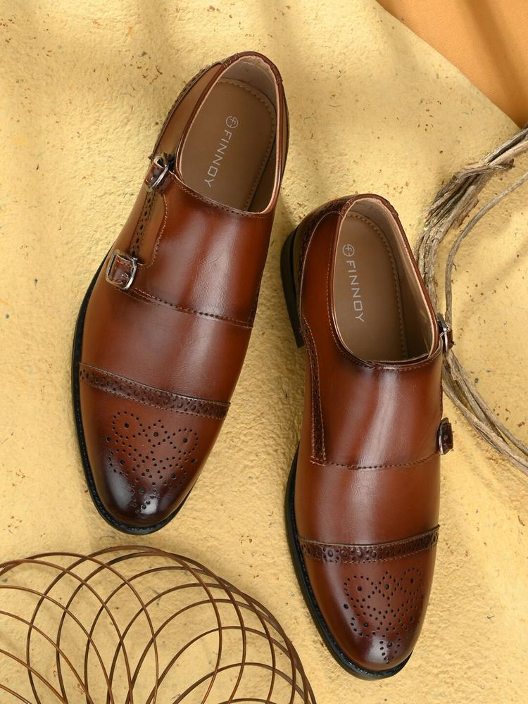 FINNOY Men Tan Brown Solid Formal Monk Shoes