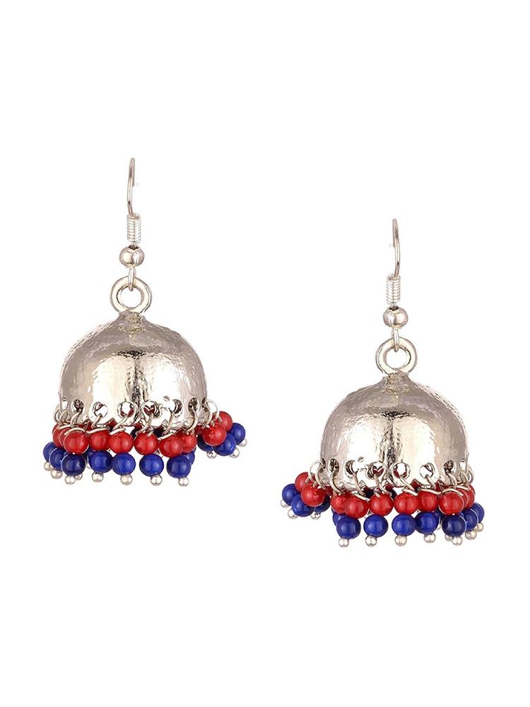 Kshitij Jewels Silver-Toned & Red Contemporary Jhumkas Earrings
