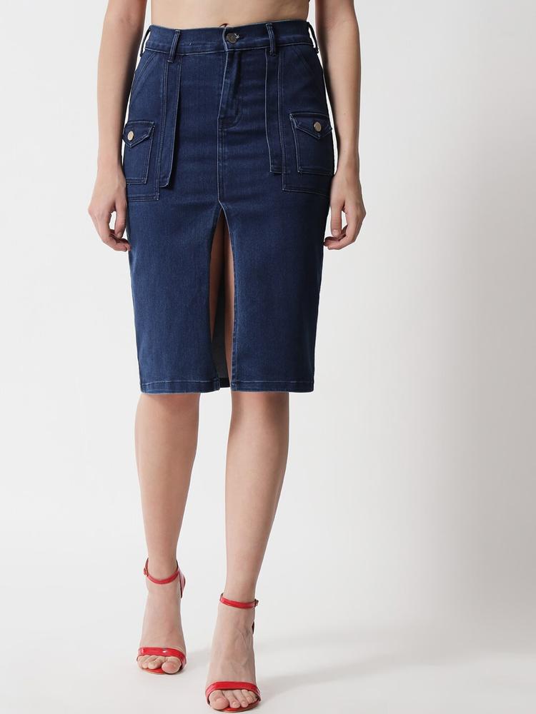 The Dry State Women Blue Solid Pure Cotton Denim Skirts
